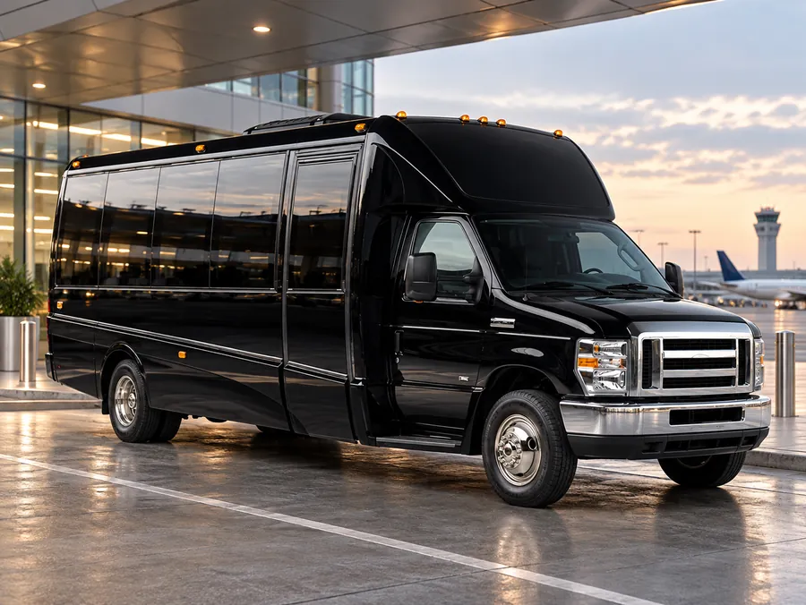 Black 24-passenger luxury shuttle bus for group transportation in Seattle